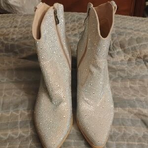 Marshalls Cream Rhinestone Western Ankle Boots